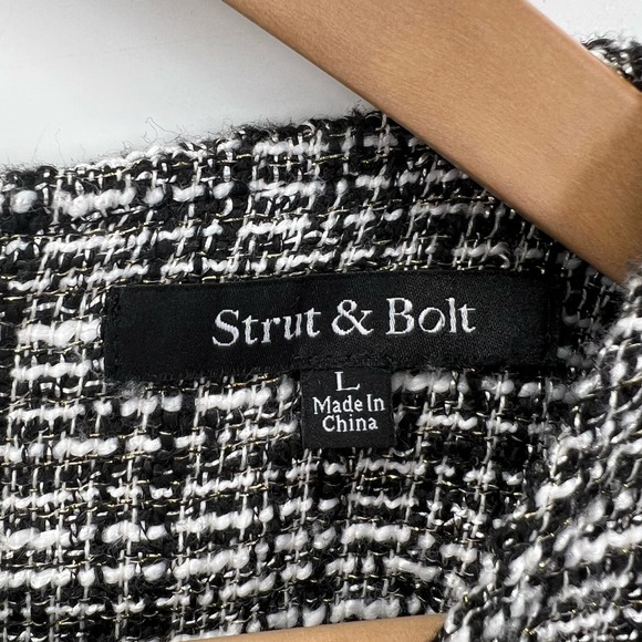 Strut & Bolt Tweed Balloon Sleeve Top Womens Large Black White Metallic - Picture 11 of 12